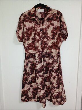 Margaux Riviera Womens XL Tie-Dye Button-Up Dress 100% Cotton Burgundy & Beige